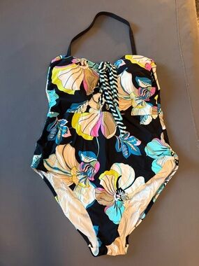 Trina Turk Black One-Piece Swimsuit with Yellow, Pink, Turquoise Floral Print